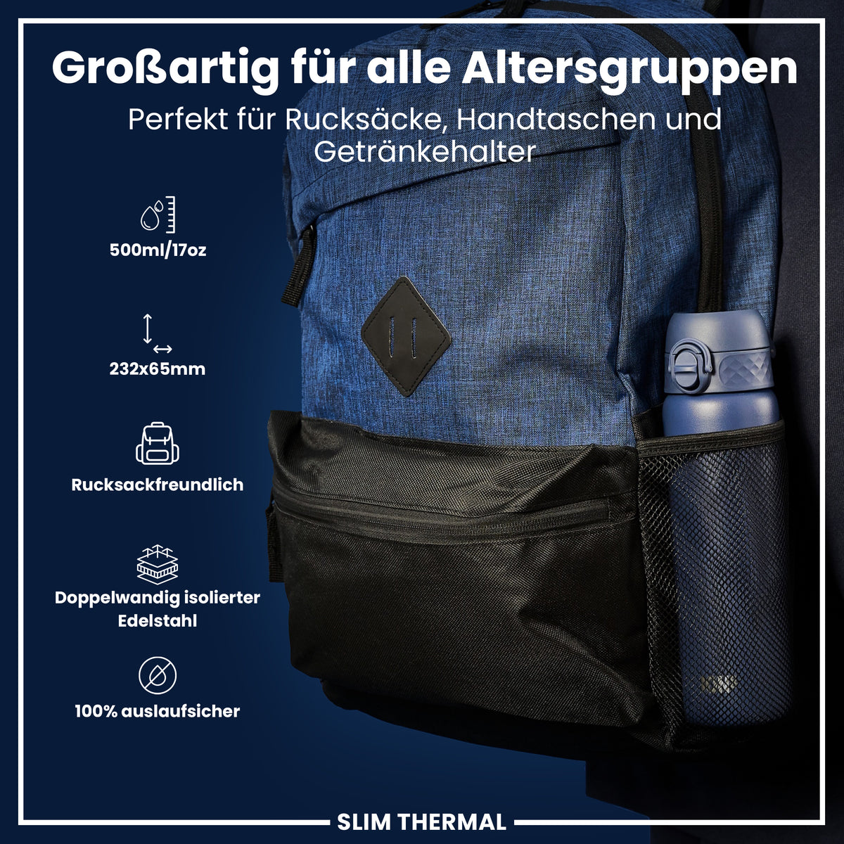 Isolierte Edelstahl-Wasserflasche, Ash Navy, 500 ml