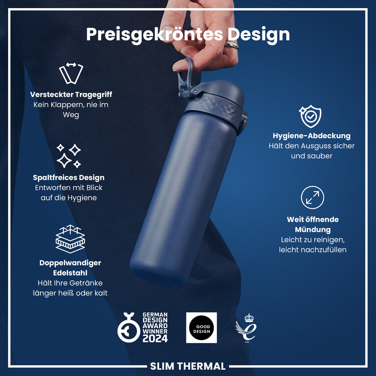 Isolierte Edelstahl-Wasserflasche, Ash Navy, 500 ml