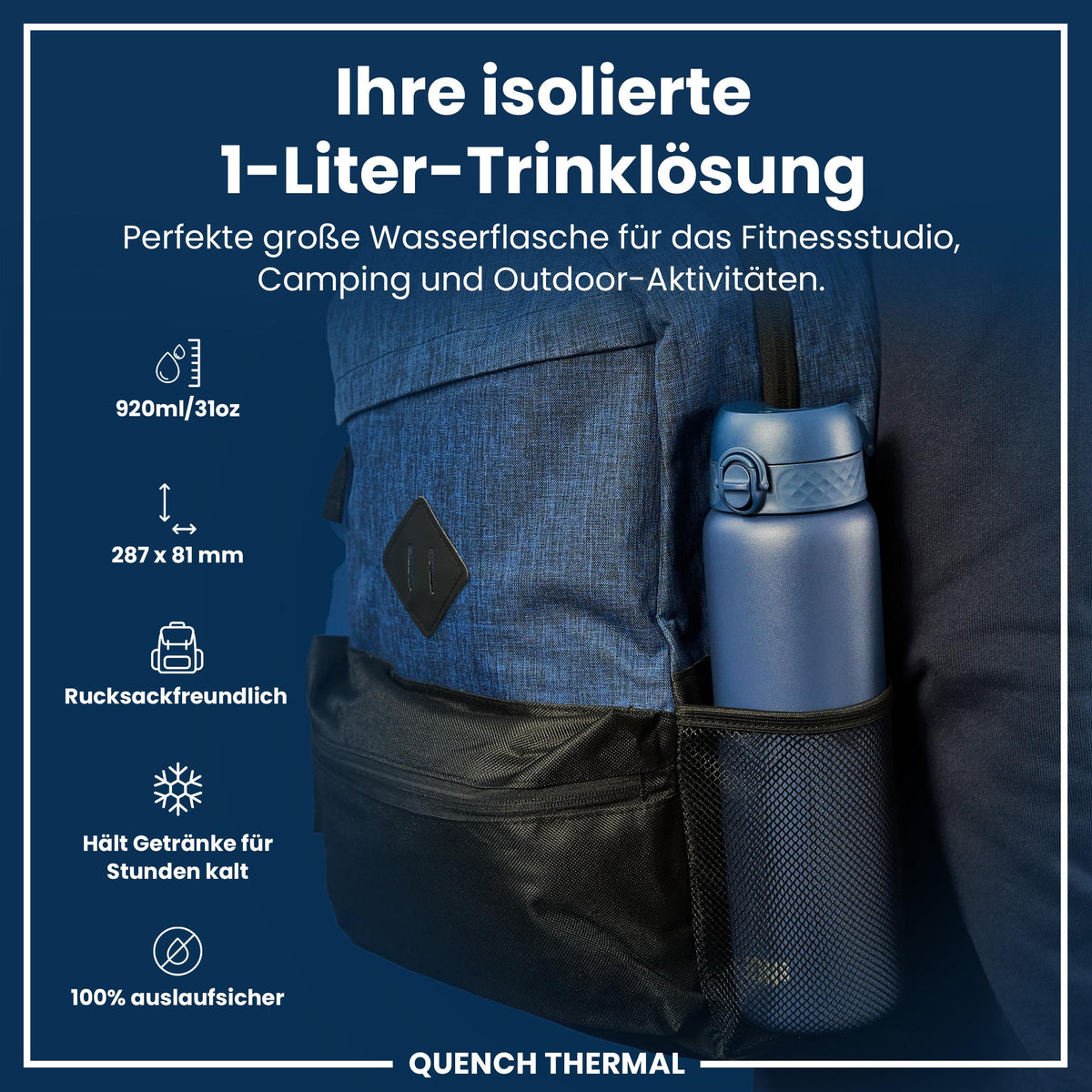 Isolierte Edelstahl-Wasserflasche, Aschemarine, 1 L