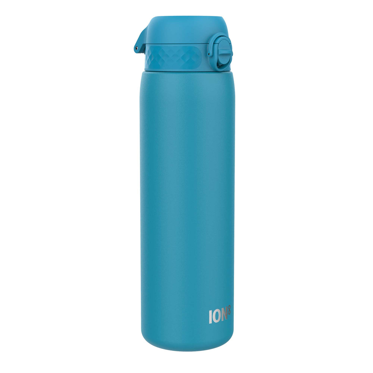 A teal water bottle stands upright against a white background. The bottle features a flip-top lid and the brand name "ION8" is printed near the base.