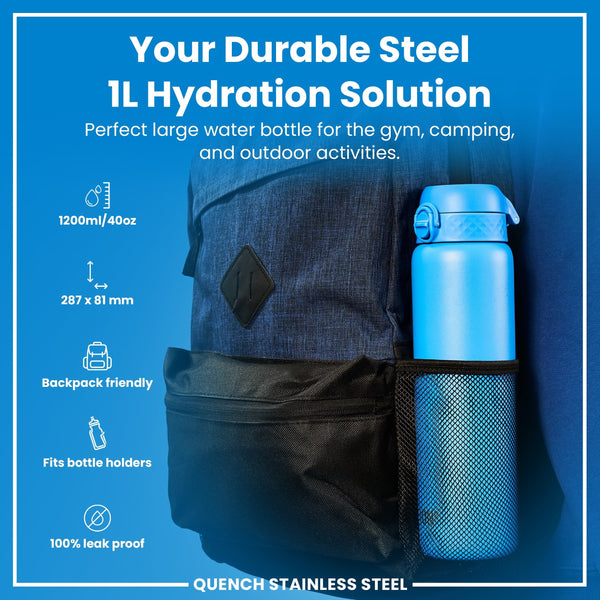 A light-blue, one-liter water bottle fits inside a backpack's mesh pocket. It's advertised as durable steel, leak-proof, and suitable for various activities.
