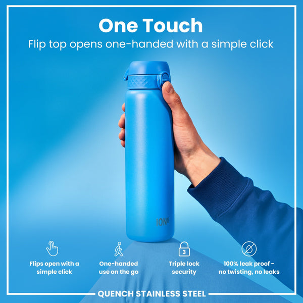 A blue, stainless steel water bottle is being held. Its flip top opens one-handed. The background is light blue. "One Touch," "Flip top opens one-handed with a simple click," "Flips open with a simple click," "One-handed use on the go," "Triple lock security," "100% leak proof - no twisting, no leaks," and "QUENCH STAINLESS STEEL" are visible text.