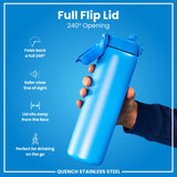 A blue stainless steel water bottle with a full flip lid is being held; its 240° opening is highlighted, showcasing features for safe and convenient on-the-go drinking.