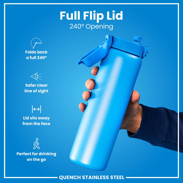 A blue stainless steel water bottle with a full flip lid is being held; its 240° opening is highlighted, showcasing features for safe and convenient on-the-go drinking.