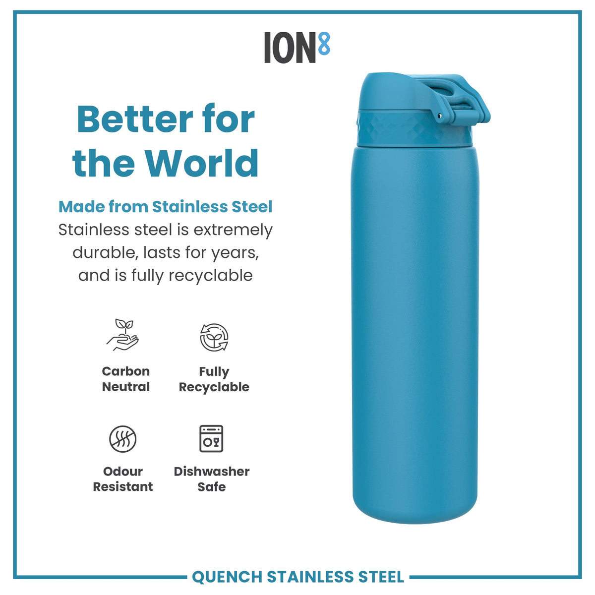 A teal stainless steel water bottle stands on a white background. The bottle is shown alongside text describing its eco-friendly features, including carbon neutrality and recyclability. The text also states it is odour resistant and dishwasher safe.