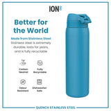 A teal stainless steel water bottle stands on a white background. The bottle is shown alongside text describing its eco-friendly features, including carbon neutrality and recyclability. The text also states it is odour resistant and dishwasher safe.