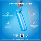 A hand holds a light-blue stainless steel water bottle against a light-blue background. The bottle features a hide-away handle, hygiene cover, and wide opening mouth. It is a German Design Award winner (2024) and a Good Design award recipient.