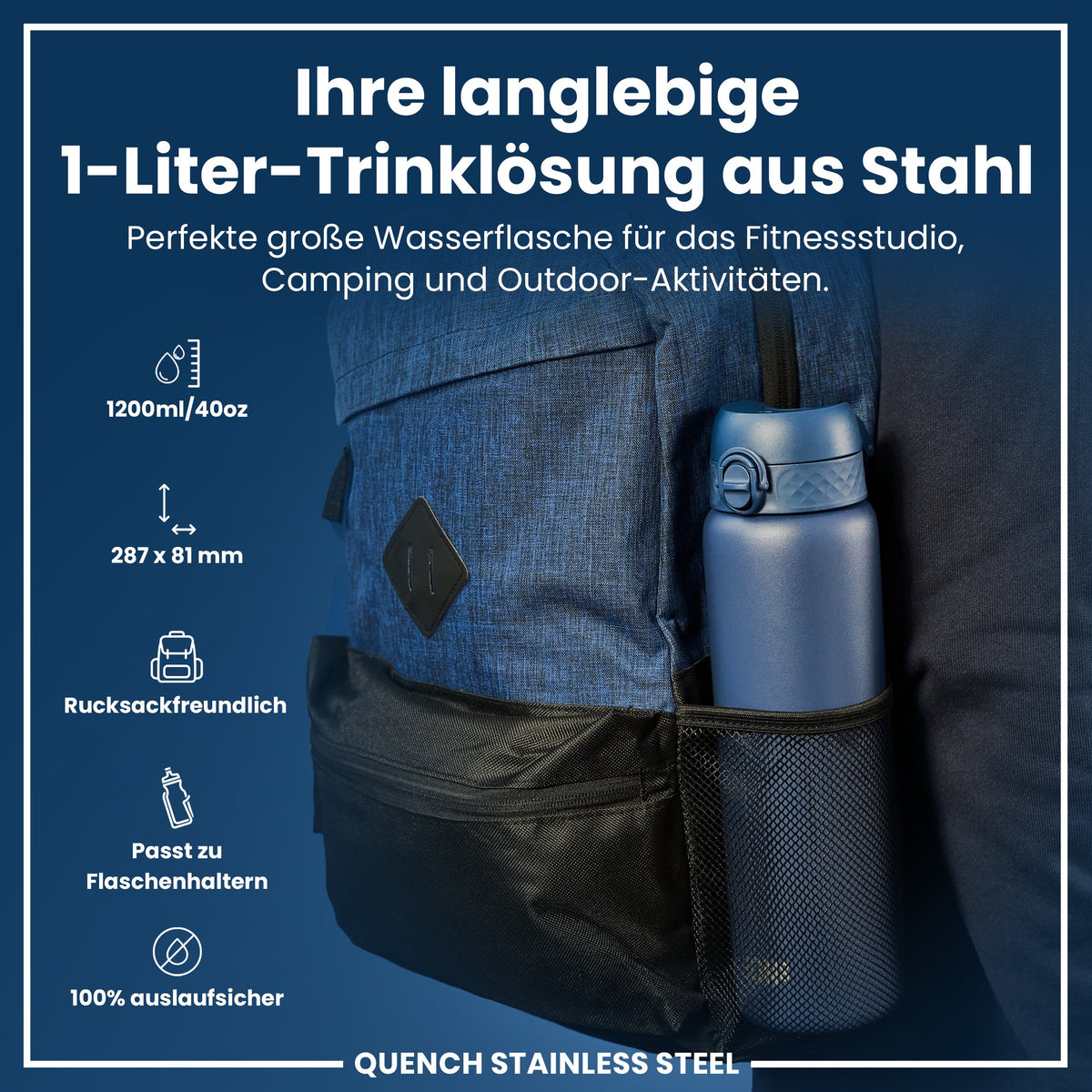 Leichte Edelstahl-Wasserflasche, Aschemarine, 1 L