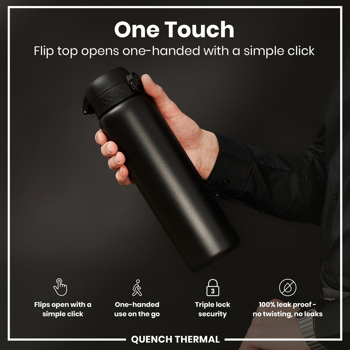 A black thermos is held; its flip top opens one-handed. It features triple lock security and is 100% leakproof. The context is a product advertisement.