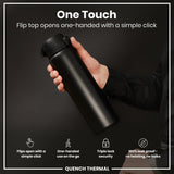 A black thermos is held; its flip top opens one-handed. It features triple lock security and is 100% leakproof. The context is a product advertisement.