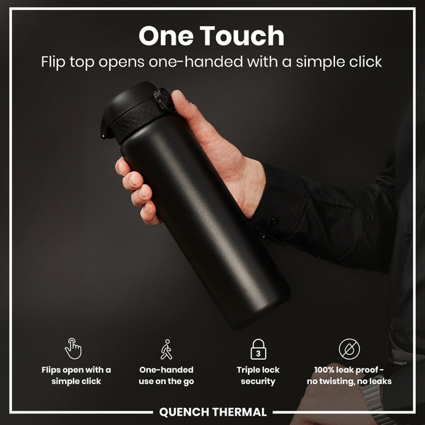 A black thermos is held; its flip top opens one-handed. It features triple lock security and is 100% leakproof. The context is a product advertisement.