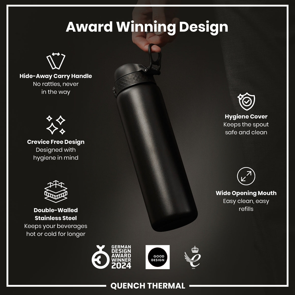 A black, double-walled stainless steel water bottle is being held; it features a hide-away handle, wide mouth, and hygiene cover. The bottle is shown against a dark background, and boasts several design awards.