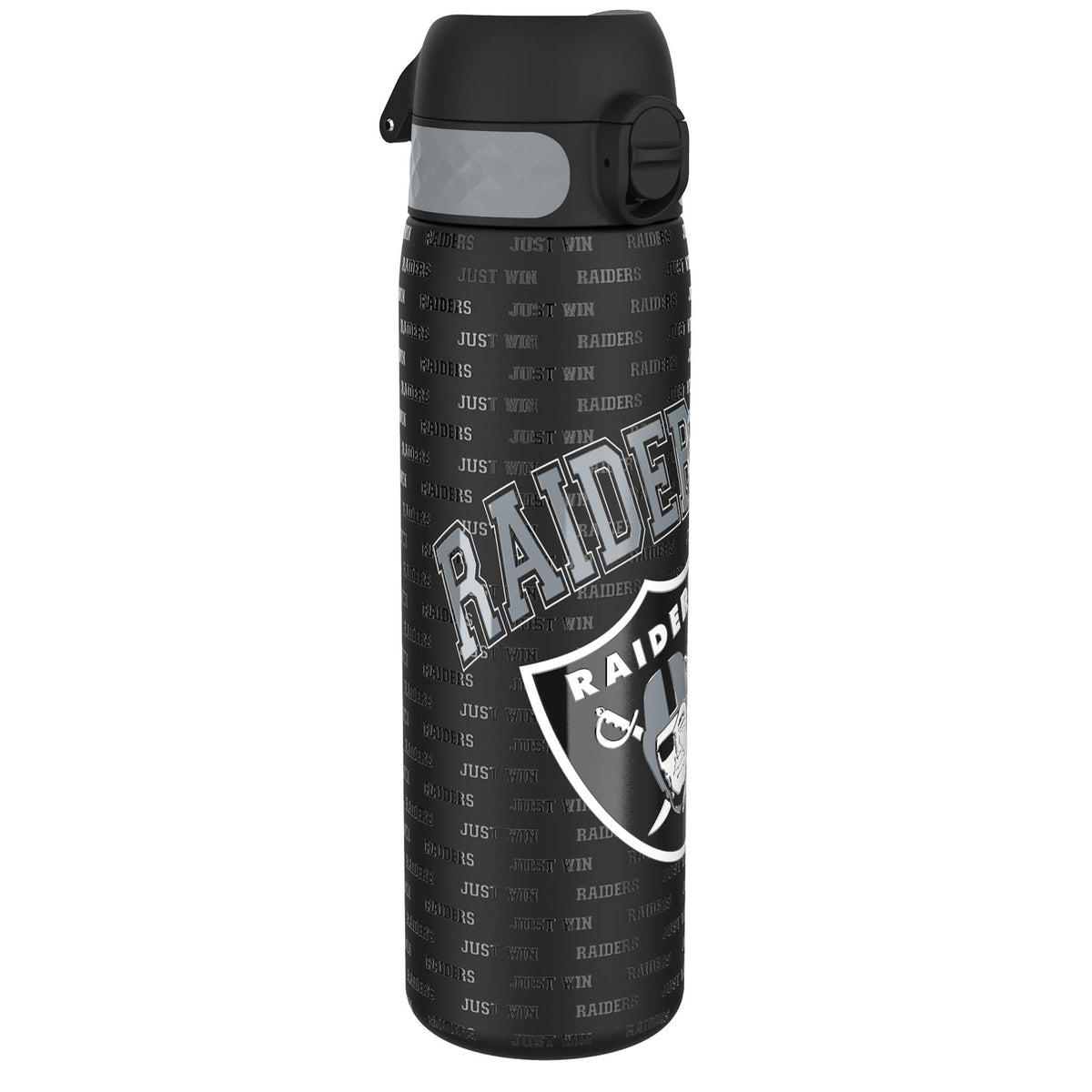A black water bottle, featuring a repeating “RAIDERS JUST WIN” pattern and Raiders logo, stands on a white background.