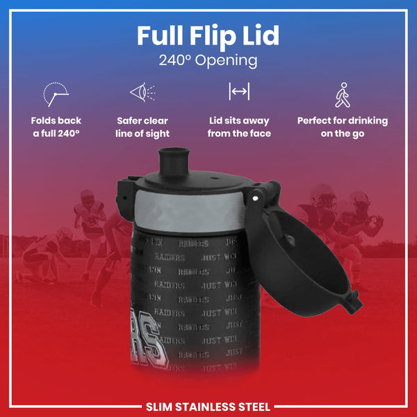 A slim stainless steel water bottle, with a 240° opening full flip lid, is shown against a background of football players. The lid folds back completely, providing a clear line of sight and sitting away from the face; ideal for on-the-go drinking.