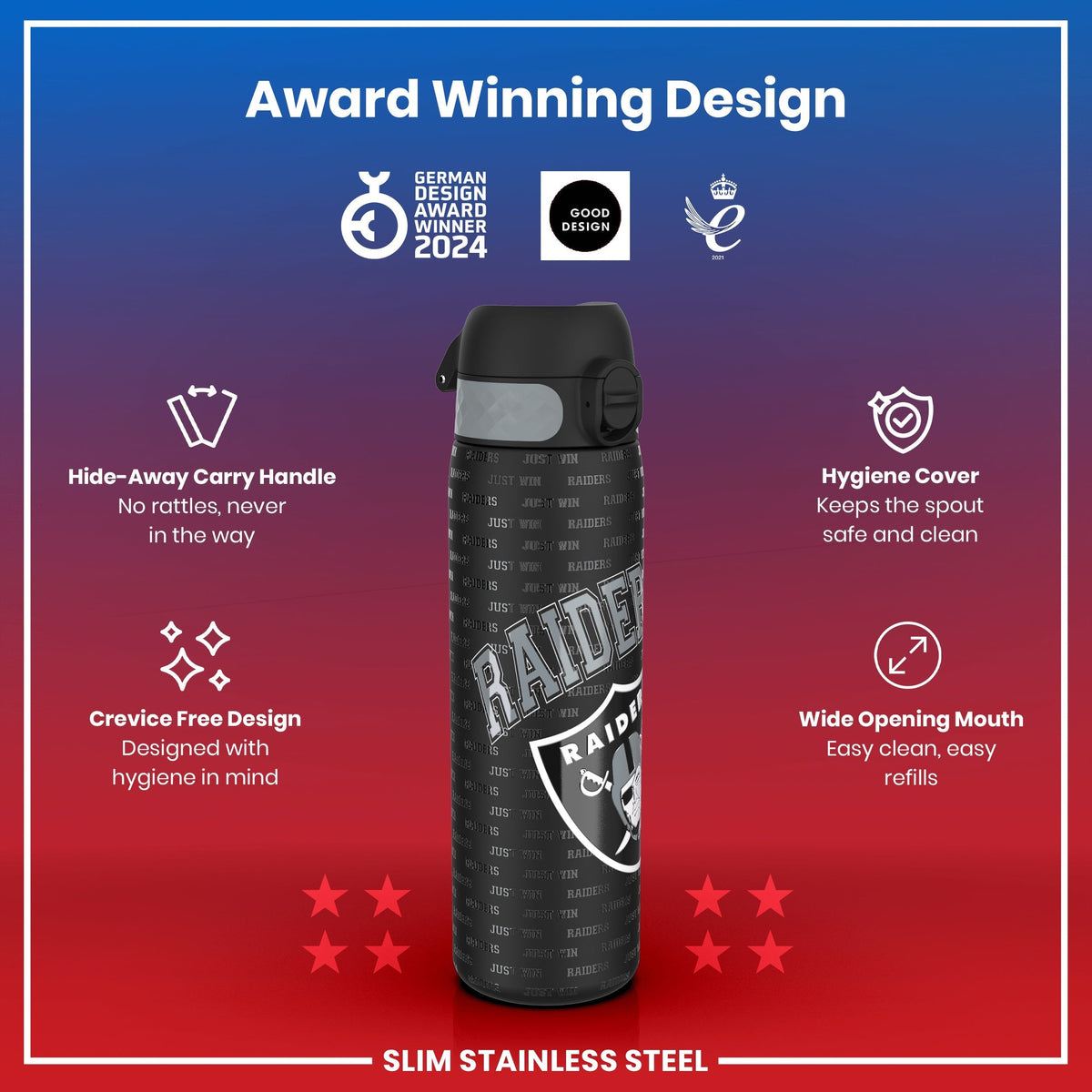 A black and gray Raiders-themed water bottle displays various features; it sits against a red background with award logos and descriptions of its design.