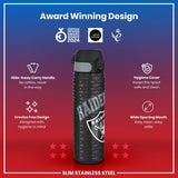 A black and gray Raiders-themed water bottle displays various features; it sits against a red background with award logos and descriptions of its design.