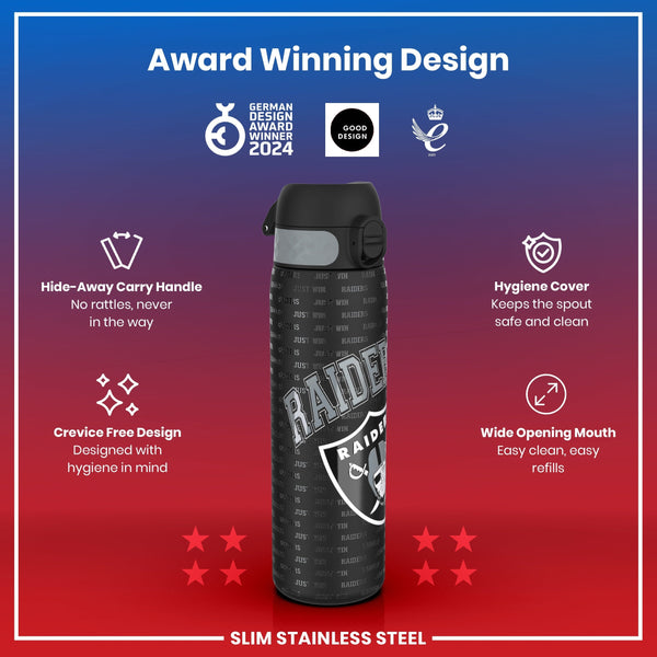 A black and gray Raiders-themed water bottle displays various features; it sits against a red background with award logos and descriptions of its design.