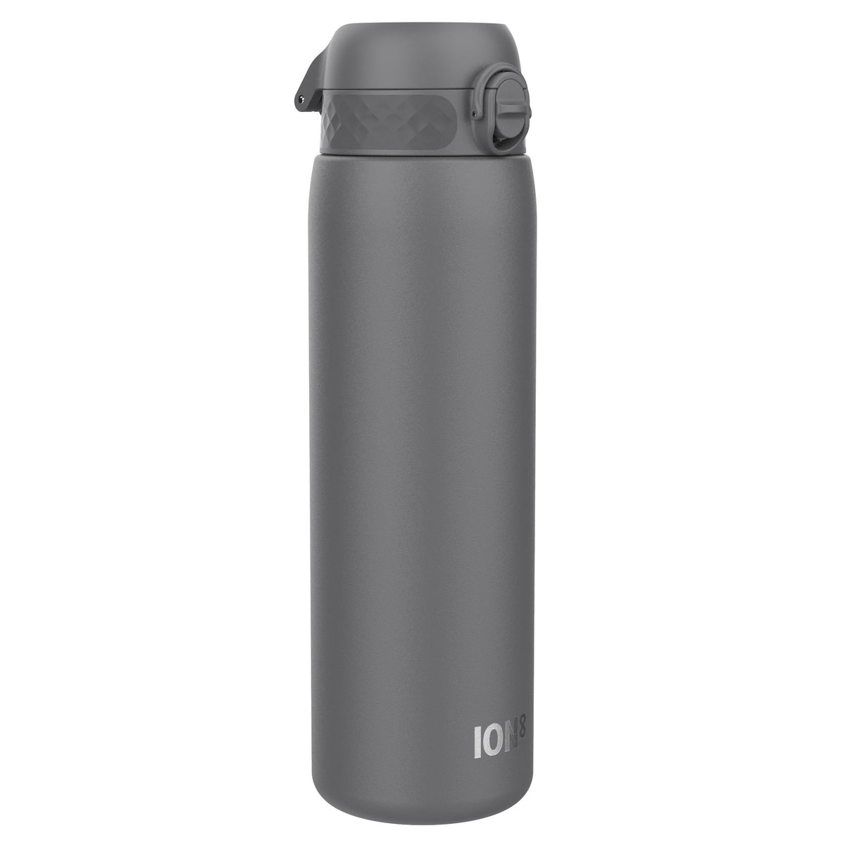 A dark gray water bottle stands upright against a white background. The bottle has a dark gray lid with a textured band and a flip-top mechanism. The brand name "ION8" is subtly printed near the base.