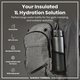 A gray insulated water bottle fits inside a gray backpack's mesh pocket. It's 920ml/31oz, 287 x 81 mm, backpack friendly, keeps drinks cold for hours, and is 100% leak proof. The brand is Quench Thermal.