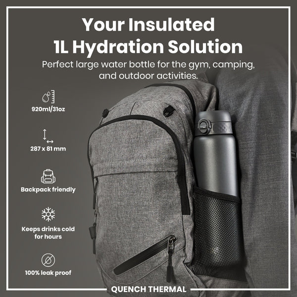 A gray insulated water bottle fits inside a gray backpack's mesh pocket. It's 920ml/31oz, 287 x 81 mm, backpack friendly, keeps drinks cold for hours, and is 100% leak proof. The brand is Quench Thermal.