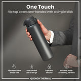 A dark gray water bottle is held; its flip top opens one-handed. The context is an advertisement highlighting its features: one-handed operation, triple lock security, and leakproof design.