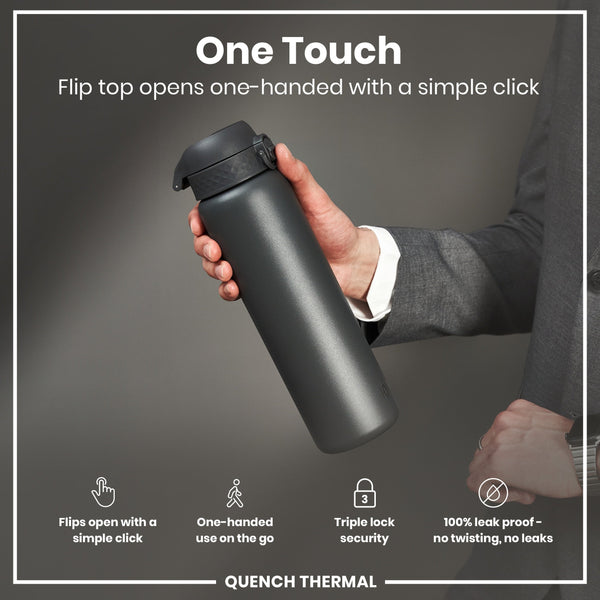 A dark gray water bottle is held; its flip top opens one-handed. The context is an advertisement highlighting its features: one-handed operation, triple lock security, and leakproof design.