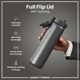 A dark-grey water bottle with a full flip lid is held; its lid folds back 240 degrees. The bottle is shown against a plain grey background. 