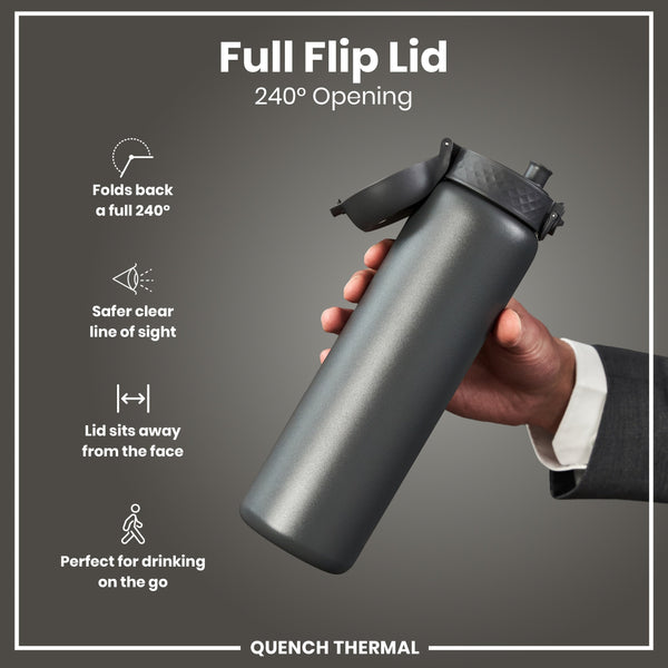 A dark-grey water bottle with a full flip lid is held; its lid folds back 240 degrees. The bottle is shown against a plain grey background. "Full Flip Lid 240° Opening" and other features are labeled. QUENCH THERMAL.