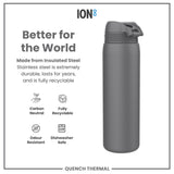 A dark gray insulated steel water bottle sits on a white background; it is durable, recyclable, dishwasher safe, and odor resistant. ION8 and QUENCH THERMAL are also present.
