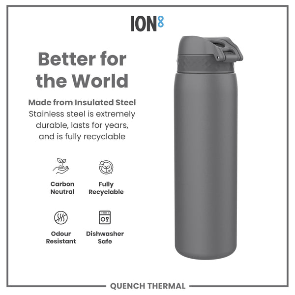 A dark gray insulated steel water bottle sits on a white background; it is durable, recyclable, dishwasher safe, and odor resistant. ION8 and QUENCH THERMAL are also present.