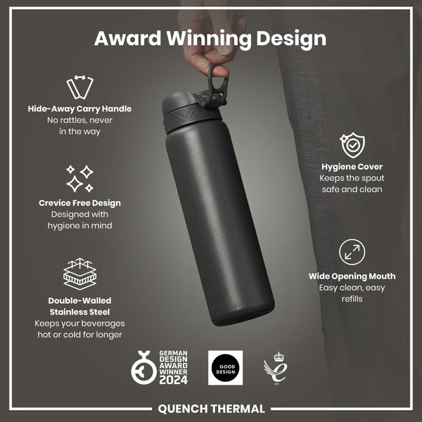 A dark-grey, double-walled stainless steel water bottle is held by a hand; it features a hide-away handle, crevice-free design, hygiene cover, and wide mouth. The bottle is an award-winning design.