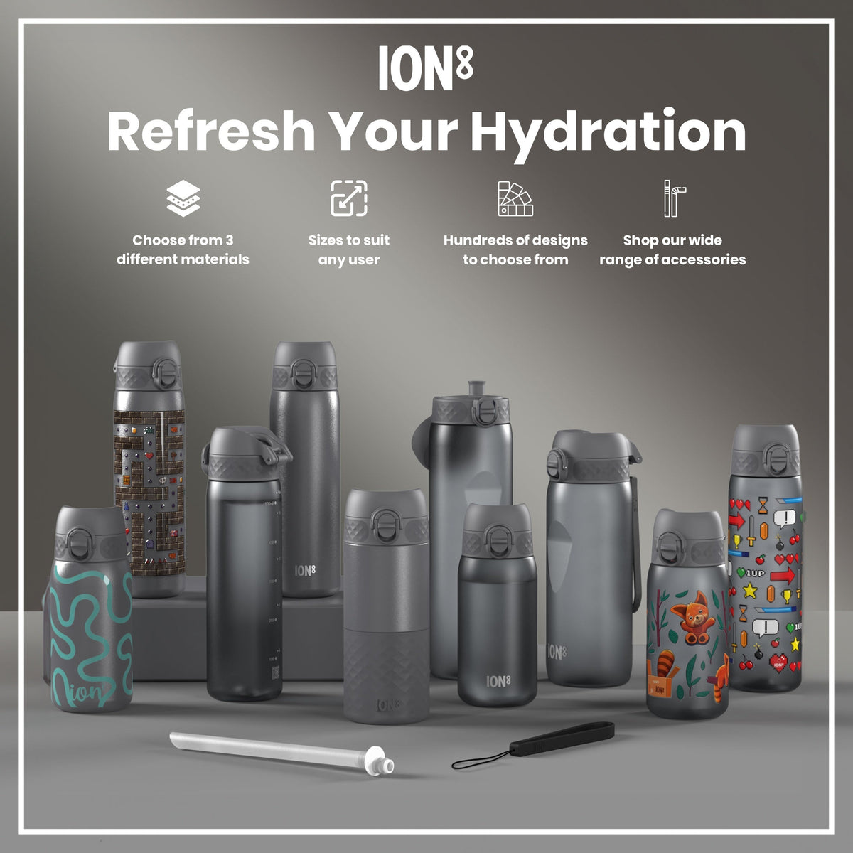 Several gray water bottles, varying in size and design, are displayed on a gray surface. Some bottles feature colorful designs; others are plain. The accompanying text advertises the brand "ION8" and highlights customizable options.