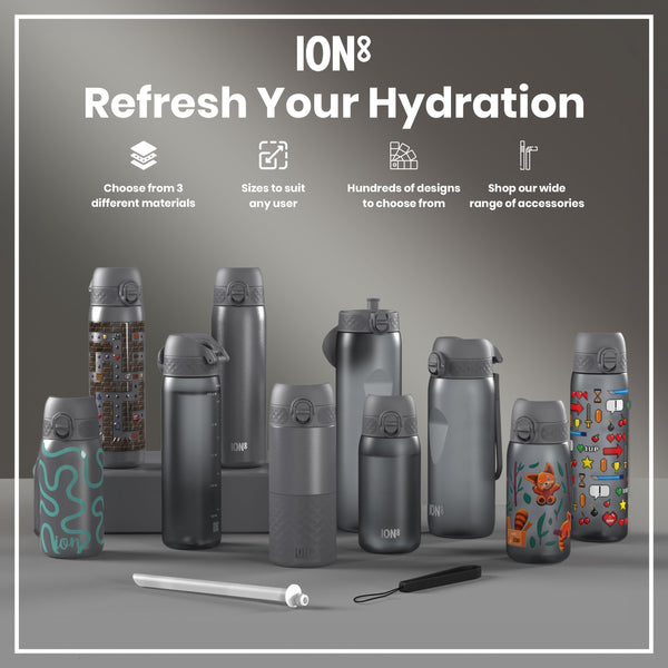 Several gray water bottles, varying in size and design, are displayed on a gray surface. Some bottles feature colorful designs; others are plain. The accompanying text advertises the brand "ION8" and highlights customizable options.