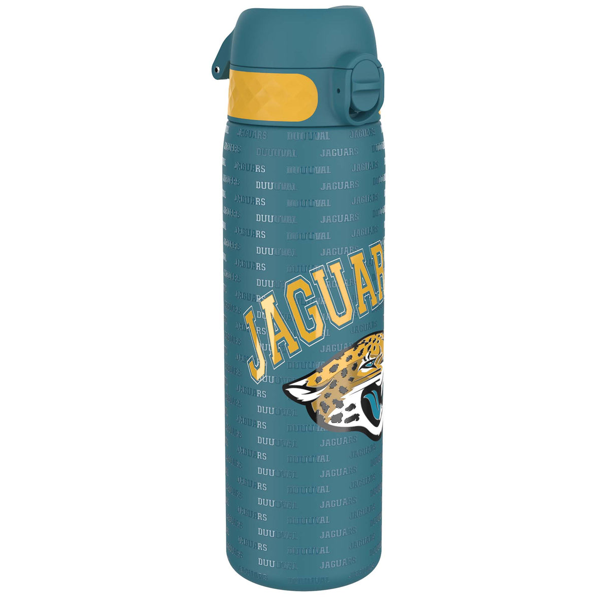 A teal water bottle, featuring a jaguar graphic and repeating "Jaguars" and "Duuuval" text, sits against a white background.