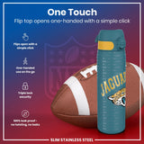 A teal and yellow water bottle, featuring a flip top and a Jacksonville Jaguars design, rests next to a football; its features include one-handed opening, triple lock security, and 100% leak-proof design.