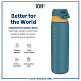 A teal and yellow stainless steel water bottle stands upright. It is printed with repeating text. The bottle is described as durable, long-lasting, recyclable, carbon neutral, odour resistant, and dishwasher safe.
