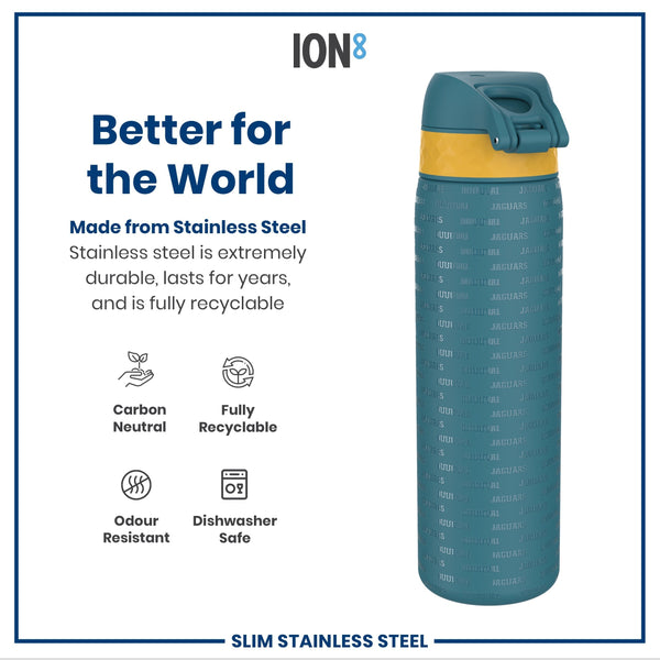 A teal and yellow stainless steel water bottle stands upright. It is printed with repeating text. The bottle is described as durable, long-lasting, recyclable, carbon neutral, odour resistant, and dishwasher safe.