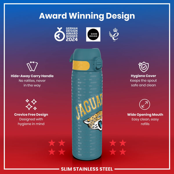 A teal and yellow water bottle, displaying a jaguar design and product features, is shown against a red and purple background. Award Winning Design; GERMAN DESIGN AWARD WINNER 2024; GOOD DESIGN; 2021. Hide-Away Carry Handle; No rattles, never in the way; Crevice Free Design; Designed with hygiene in mind; Hygiene Cover; Keeps the spout safe and clean; Wide Opening Mouth; Easy clean, easy refills; SLIM STAINLESS STEEL.