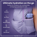 A lavender backpack holds a water bottle; it's designed for outdoor activities, cycling, or work. The bottle is 750ml/24oz, 224 x 78 mm, backpack friendly, fits bottle holders, and is 100% leak proof. TOUR RECYCLON™