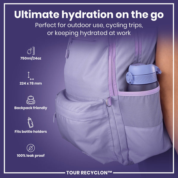 A lavender backpack holds a water bottle; it's designed for outdoor activities, cycling, or work. The bottle is 750ml/24oz, 224 x 78 mm, backpack friendly, fits bottle holders, and is 100% leak proof. TOUR RECYCLON™