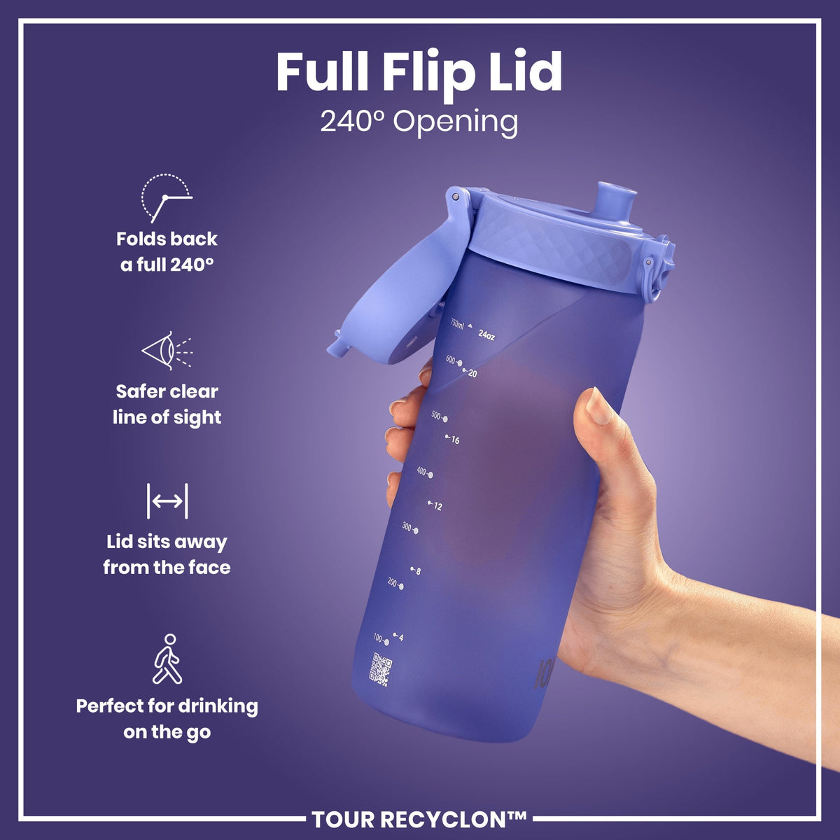 A purple water bottle with a 240° flip lid is held by a hand. The bottle features volume markings in milliliters and ounces. The background is a solid purple.