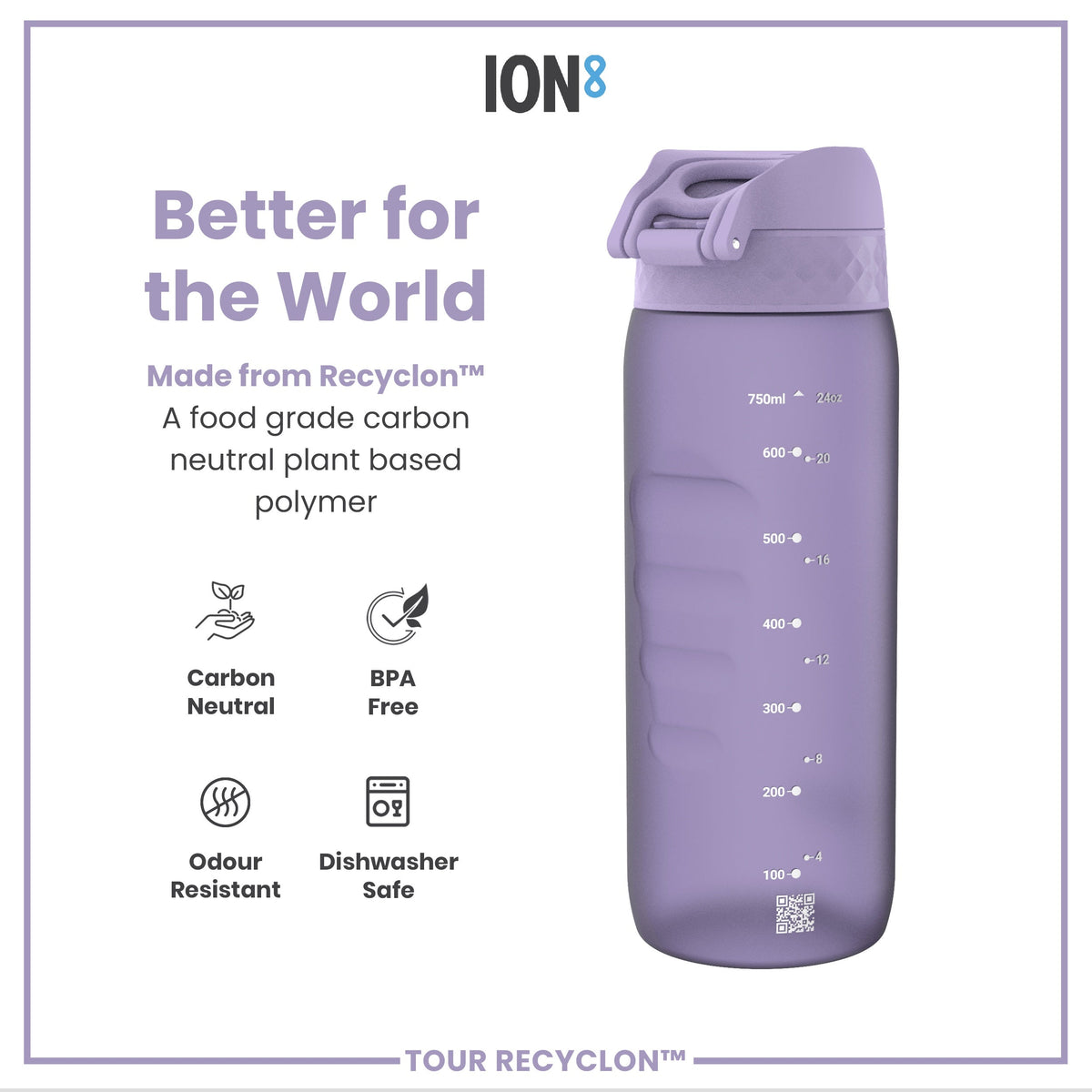 A lavender-colored water bottle sits against a white background. It is made from Recyclon™, a plant-based polymer, and is BPA-free, odor-resistant, and dishwasher-safe. The bottle displays measurement markings in milliliters and ounces.