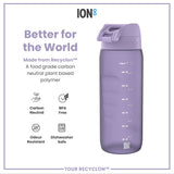A lavender-colored water bottle sits against a white background. It is made from Recyclon™, a plant-based polymer, and is BPA-free, odor-resistant, and dishwasher-safe. The bottle displays measurement markings in milliliters and ounces.