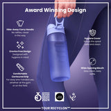 A purple water bottle is being held. It features a hide-away handle, crevice-free design, hygiene cover, and contoured grip. Award logos are displayed.
