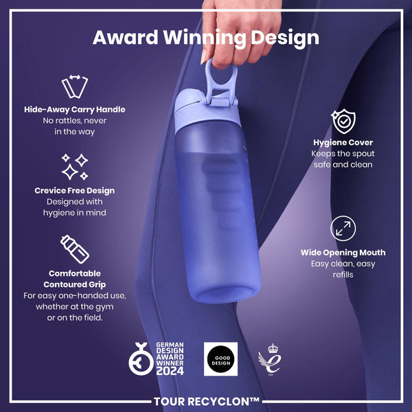 A purple water bottle is being held. It features a hide-away handle, crevice-free design, hygiene cover, and contoured grip. Award logos are displayed.