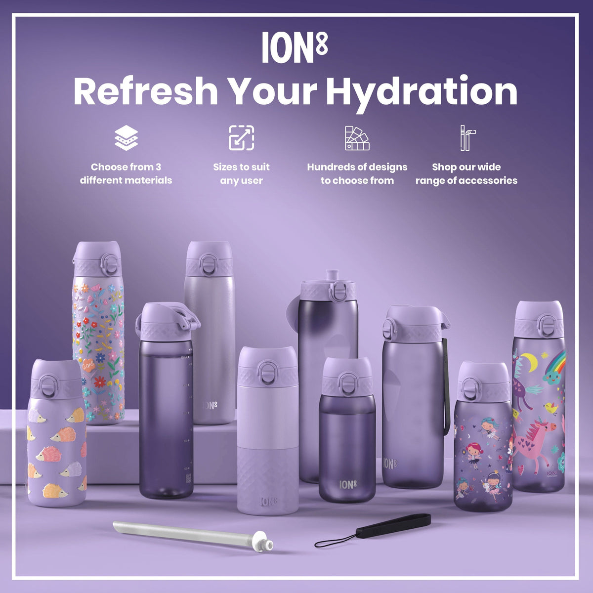 Several lilac water bottles, varying in size and design, are displayed on a purple surface. They feature various patterns including flowers, hedgehogs, fairies, and unicorns. Accompanying text promotes the brand "ION8" and highlights material choices, sizes, and designs.