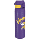 A purple water bottle, featuring a Viking logo and repeated 