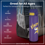 A purple, slim stainless steel water bottle, featuring a Viking logo and text, sits in a backpack's pocket. It's 600ml/20oz, 232 x 65 mm, backpack and cupholder friendly, and 100% leak proof. 