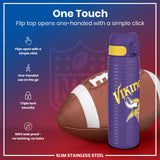 A purple water bottle, featuring a flip top and Minnesota Vikings branding, rests against a football. The bottle is advertised as one-handed, leakproof, and secure. 