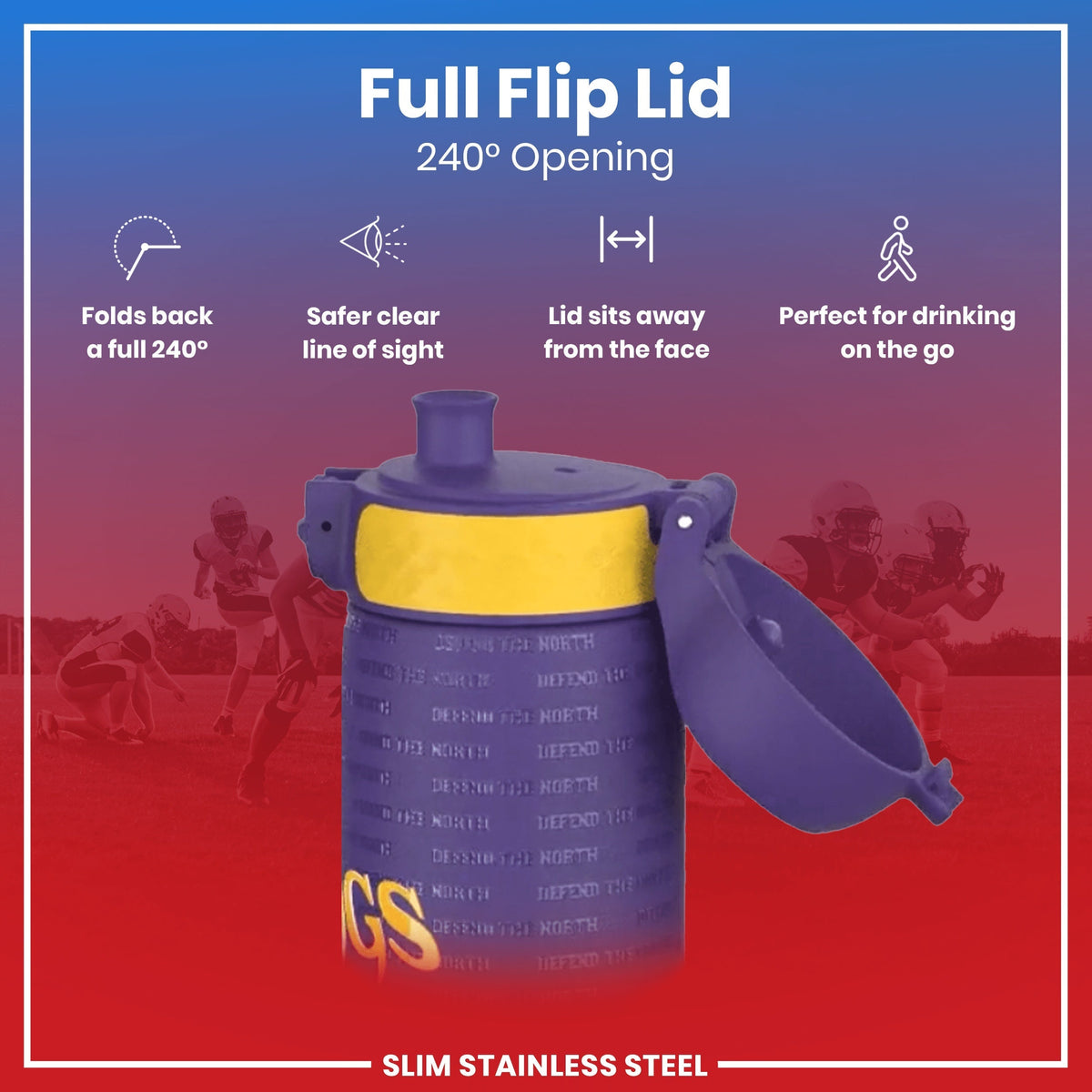 A purple water bottle with a yellow band and a full flip lid, opening 240 degrees, is shown against a background of blurry American football players. The lid folds back completely away from the face for safe, on-the-go drinking.